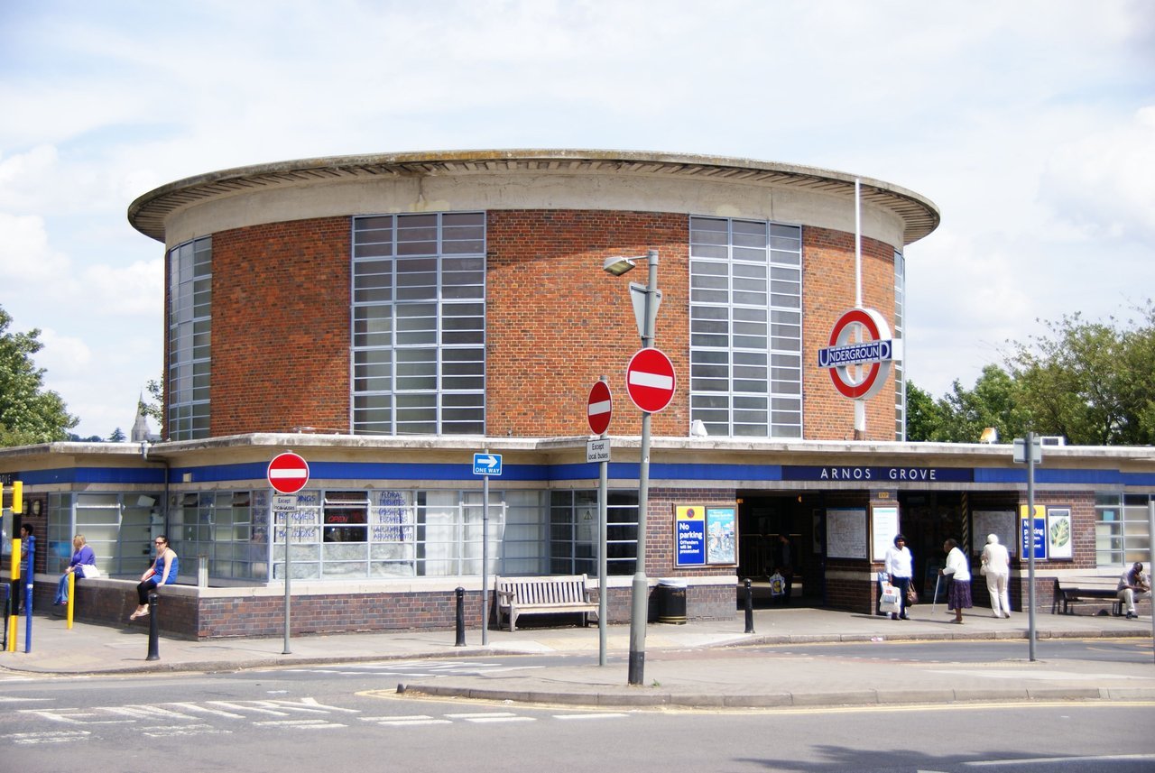Arnos Grove London Underground station — Charles Holden's Grade II* listed 1932 drum building, exterior view